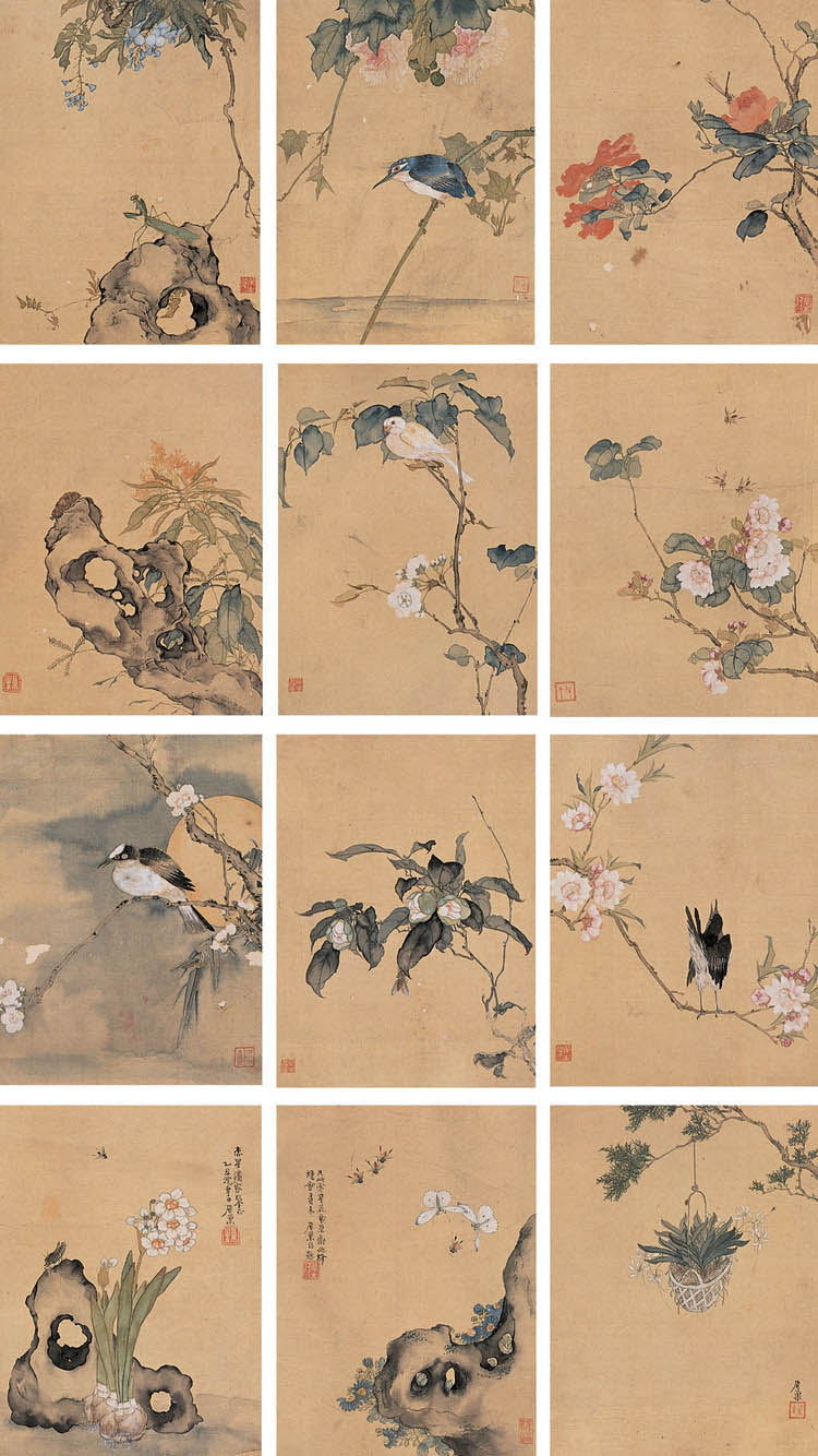 《花卉图》  扇面  18*53厘米               上图:居巢  《花鸟图》